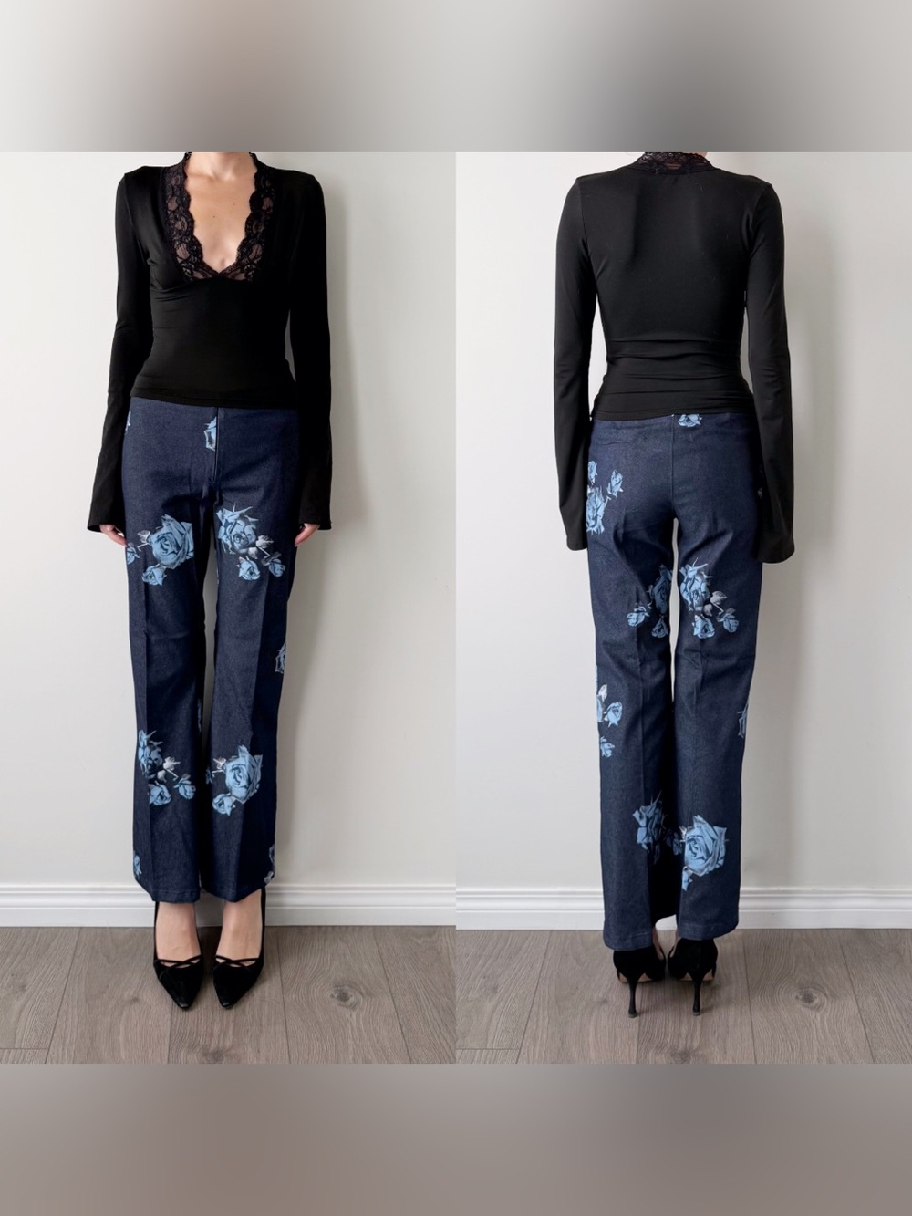 Vintage Hot Shot Made in Italy Navy Blue Flocked Floral Trousers
